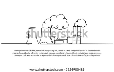 Continuous one line design of industrial power plant with emissions. Minimalist style vector illustration on white background.