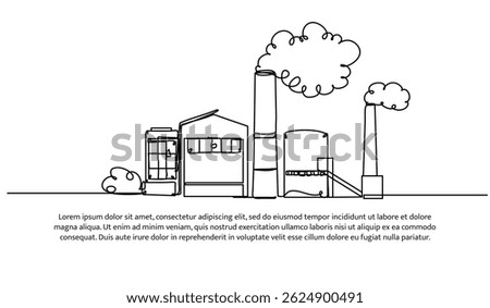 Continuous one line design of industrial factory with smoke. Minimalist style vector illustration on white background.