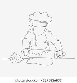 Continuous one line design of kid kneading dough. Cute cooking art character. Minimalist style vector illustration on white background.