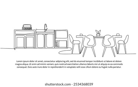 Continuous one line design of kitchen interior. Minimalist style vector illustration on white background.