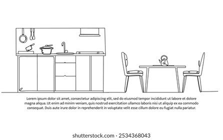 Projeto contínuo de uma linha do interior da cozinha. Ilustração de vetor de estilo minimalista em fundo branco.