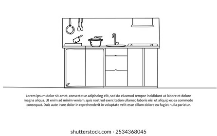 Projeto contínuo de uma linha do interior da cozinha. Ilustração de vetor de estilo minimalista em fundo branco.
