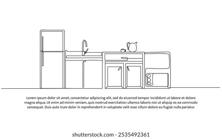 Continuous one line design of kitchen interior. Minimalist style vector illustration on white background.