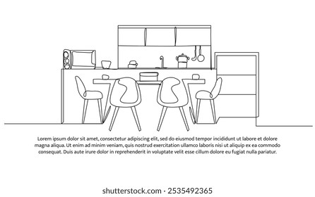 Continuous one line design of kitchen interior. Minimalist style vector illustration on white background.