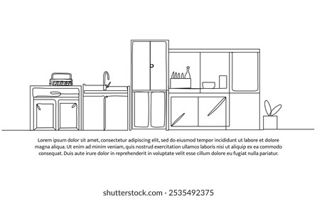 Continuous one line design of kitchen interior. Minimalist style vector illustration on white background.