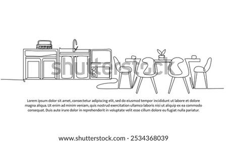 Continuous one line design of kitchen interior. Minimalist style vector illustration on white background.