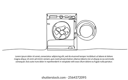 Continuous one line design of laundry washing machine. Minimalist style vector illustration on white background.