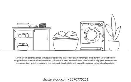 Continuous one line design of laundry room ideas. Minimalist style vector illustration on white background.