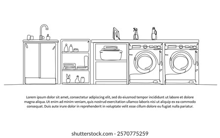 Continuous one line design of laundry room ideas. Minimalist style vector illustration on white background.