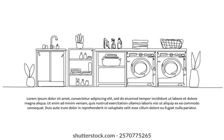 Continuous one line design of laundry room ideas. Minimalist style vector illustration on white background.