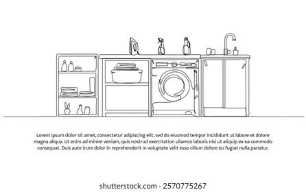 Continuous one line design of laundry room ideas. Minimalist style vector illustration on white background.