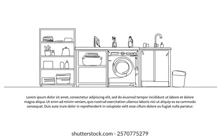 Continuous one line design of laundry room ideas. Minimalist style vector illustration on white background.