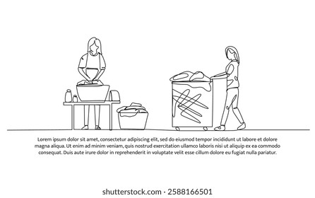 Continuous one line design of laundry activity working. Minimalist style vector illustration on white background.