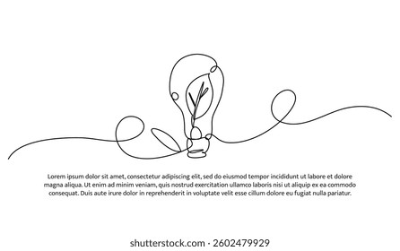 Continuous one line design of light bulb with growing plant. Minimalist style vector illustration on white background.