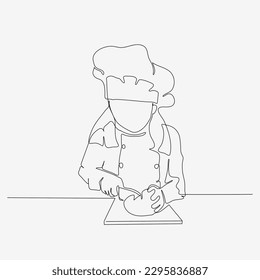 Continuous one line design of a little girl slicing bread. Cute cooking art character. Minimalist style vector illustration on white background.
