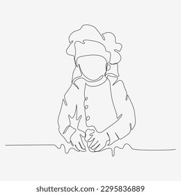 Diseño continuo de una línea de una niña amasando masa. Carácter de arte culinario. Ilustración vectorial de estilo minimalista sobre fondo blanco.