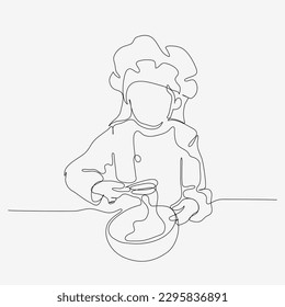 Continuous one line design of a little girl kneading dough. Cute cooking art character. Minimalist style vector illustration on white background.