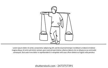 Continuous one line design of little boy works hard.Minimalist style vector illustration on white background.