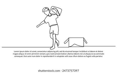 Continuous one line design of little boy works hard.Minimalist style vector illustration on white background.