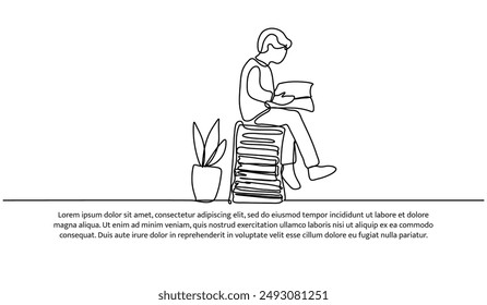 Durchgehendes einzeiliges Design eines kleinen Jungen, der ein Buch liest. Minimalistische Stil Vektorillustration auf weißem Hintergrund.
