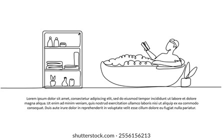 Continuous one line design of a man is soaking in a bathtub. Minimalist style vector illustration on white background.