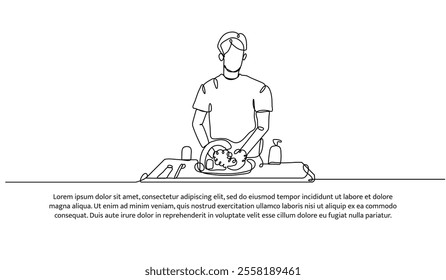 Continuous one line design of a man is washing dishes in the sink. Minimalist style vector illustration on white background.