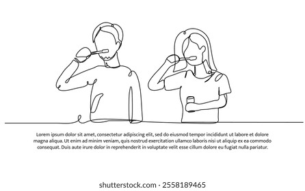 Continuous one line design of man and woman brushing their teeth together. Minimalist style vector illustration on white background.