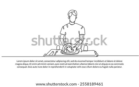 Continuous one line design of a man is washing dishes in the sink. Minimalist style vector illustration on white background.