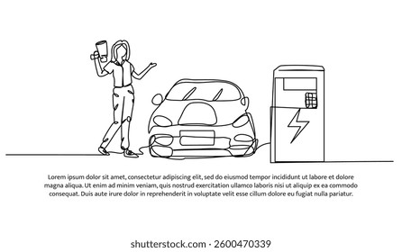 Continuous one line design of a mechanic with a blue car. Minimalist style vector illustration on white background.