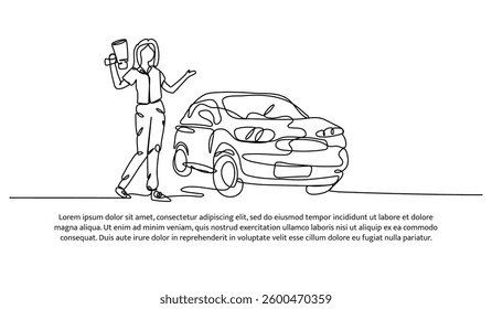 Continuous one line design of a mechanic with a blue car. Minimalist style vector illustration on white background.