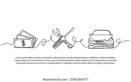Continuous one line design of money tools and car. Minimalist style vector illustration on white background.