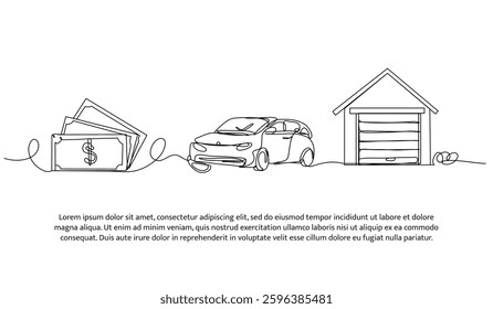 Continuous one line design of money, car, and home assets. Minimalist style vector illustration on white background.