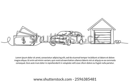 Continuous one line design of money, car, and home assets. Minimalist style vector illustration on white background.