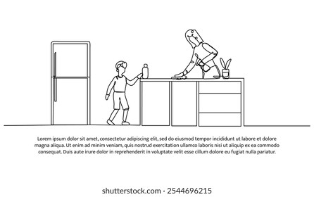 Continuous one line design of a mother and son are cleaning the kitchen. Minimalist style vector illustration on white background.