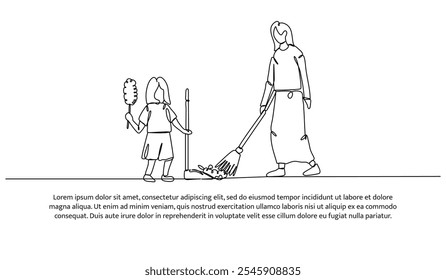 Continuous one line design of a mother and daughter are sweeping the floor. Minimalist style vector illustration on white background.