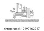 Continuous one line design of People study in public library. Minimalist style vector illustration on white background.