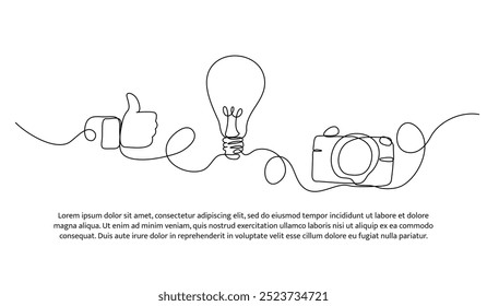 Continuous one line design of photography line ideas and hobbies. Minimalist style vector illustration on white background.