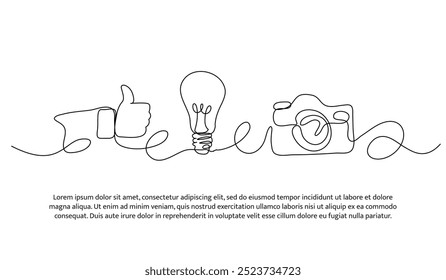 Continuous one line design of photography line ideas and hobbies. Minimalist style vector illustration on white background.