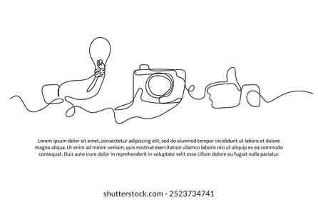 Continuous one line design of photography line ideas and hobbies. Minimalist style vector illustration on white background.