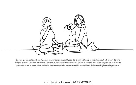 Continuous one line design of picnic with my son.Minimalist style vector illustration on white background.