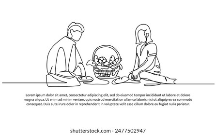 Continuous one line design of picnic with partner.Minimalist style vector illustration on white background.
