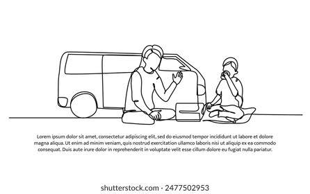 Continuous one line design of  picnic with brother.Minimalist style vector illustration on white background.