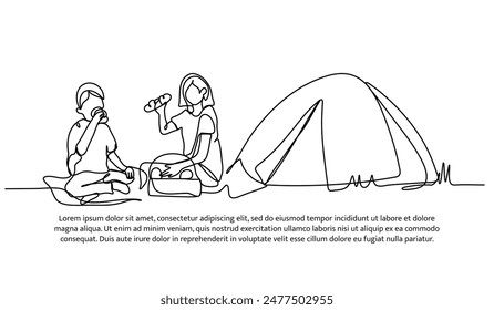 Continuous one line design of picnic with my son.Minimalist style vector illustration on white background.