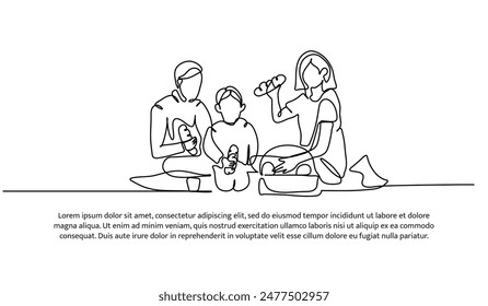 Continuous one line design of picnic with family.Minimalist style vector illustration on white background.