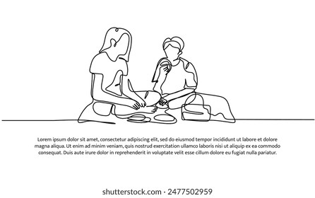 Continuous one line design of picnic with my son.Minimalist style vector illustration on white background.