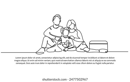 Continuous one line design of picnic with family.Minimalist style vector illustration on white background.