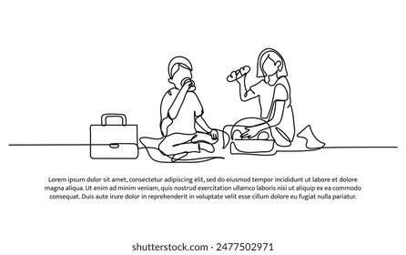 Continuous one line design of picnic with older sister.Minimalist style vector illustration on white background.