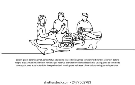 Durchgängiges einzeiliges Picknick mit Freunden. Minimalistische Vektorillustration auf weißem Hintergrund.