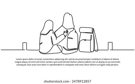 Diseño continuo de una línea de picnic con mi hermana. Ilustración vectorial de estilo minimalista sobre fondo blanco.