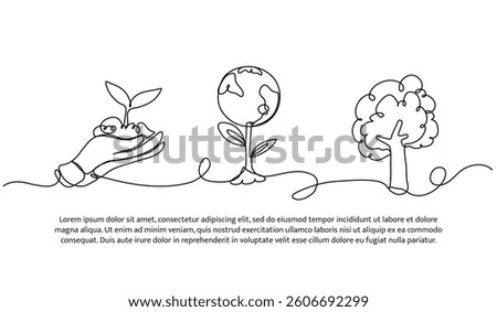 Continuous one line design of planting and earth care. Minimalist style vector illustration on white background.